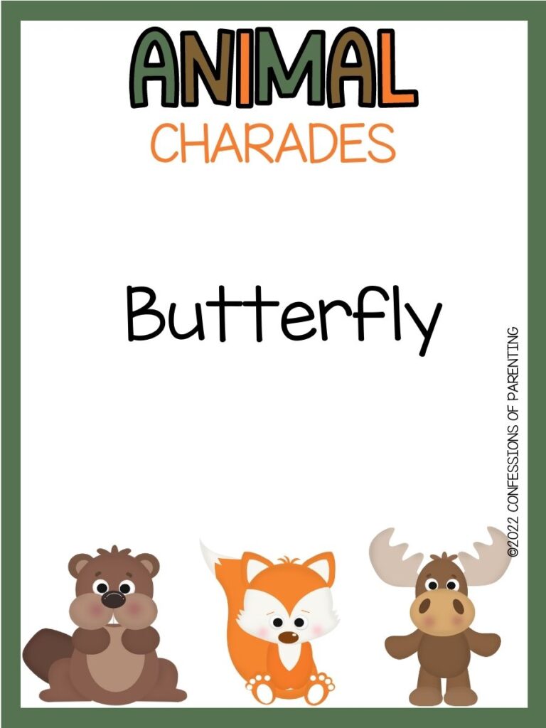 animal charades title in green, brown and orange with charades idea and a beaver, fox and moose on white background with green border