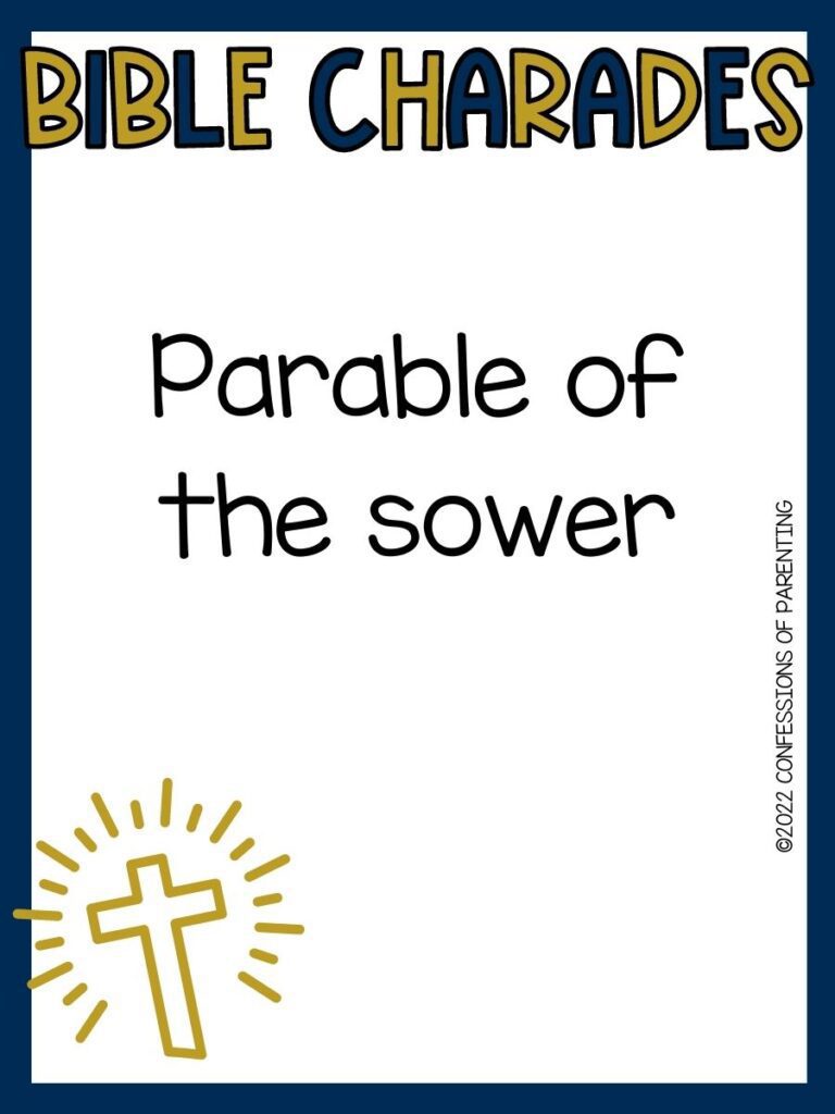 bible charade title in navy blue and gold with bible charade idea with gold cross on white background with navy blue border 
