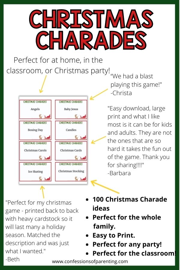 Testimonial of the Christmas Charades cards that is great for families, classrooms, and parties with a green border. 