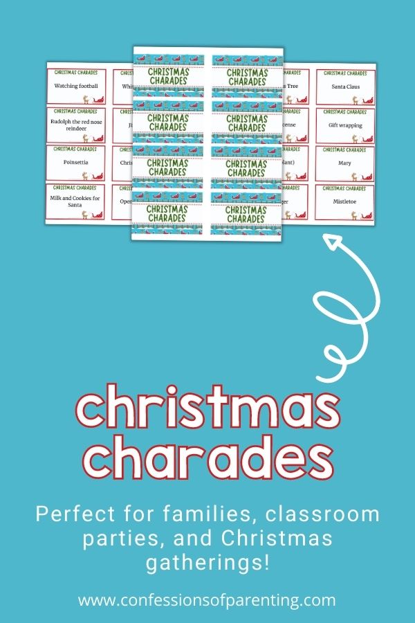 Example of the Christmas charade cards perfect for families, classrooms and parties on a blue background. 