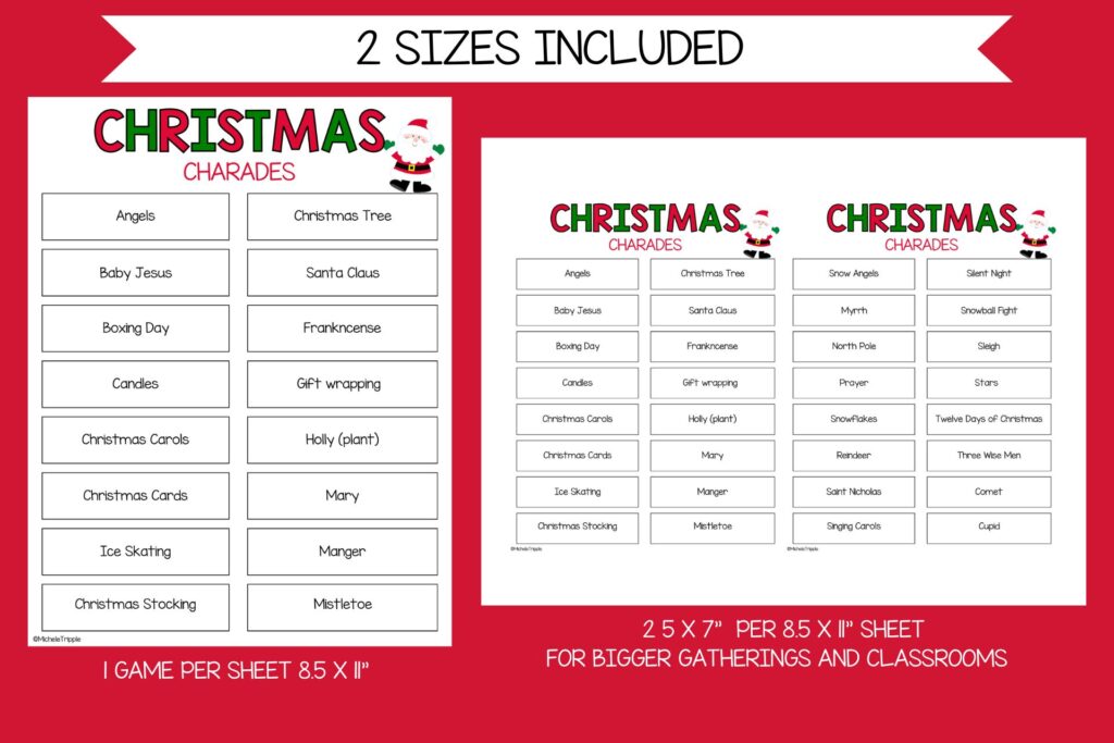 Two sizes for the pdf versions of the Christmas charades--full sheets and half sheets on a red background. 