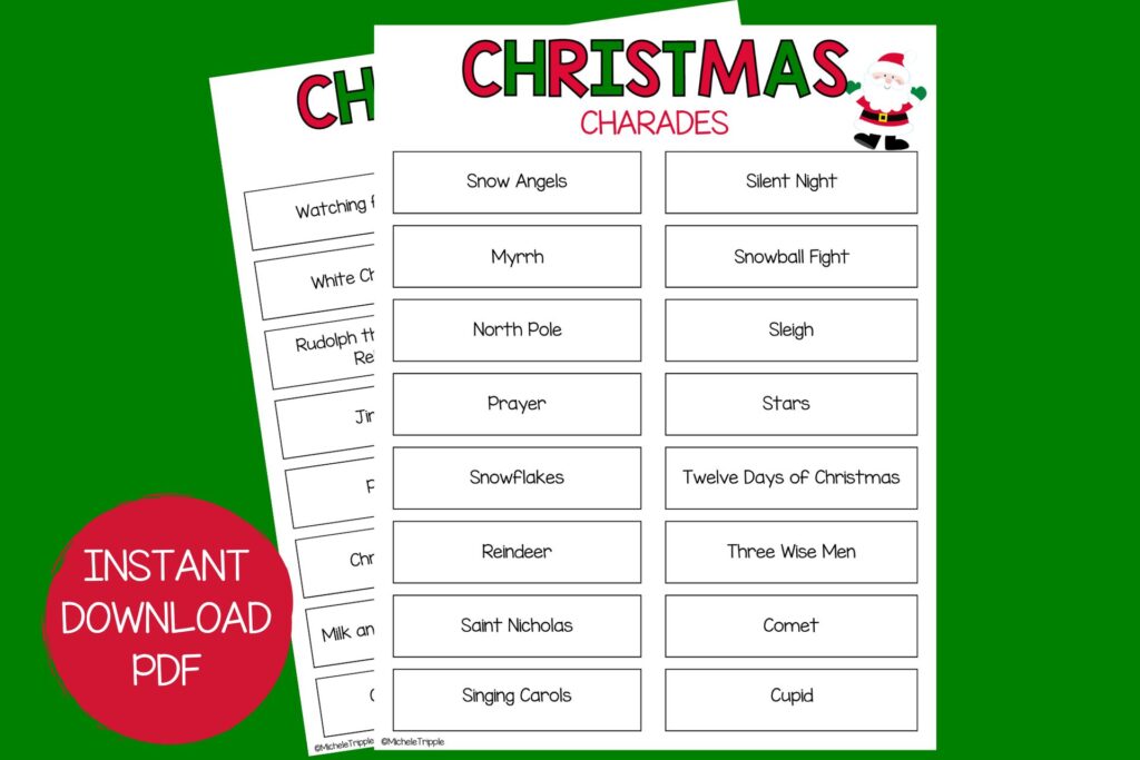 Instand download PDF printer friendly versions of the christmas charades on a green background. 