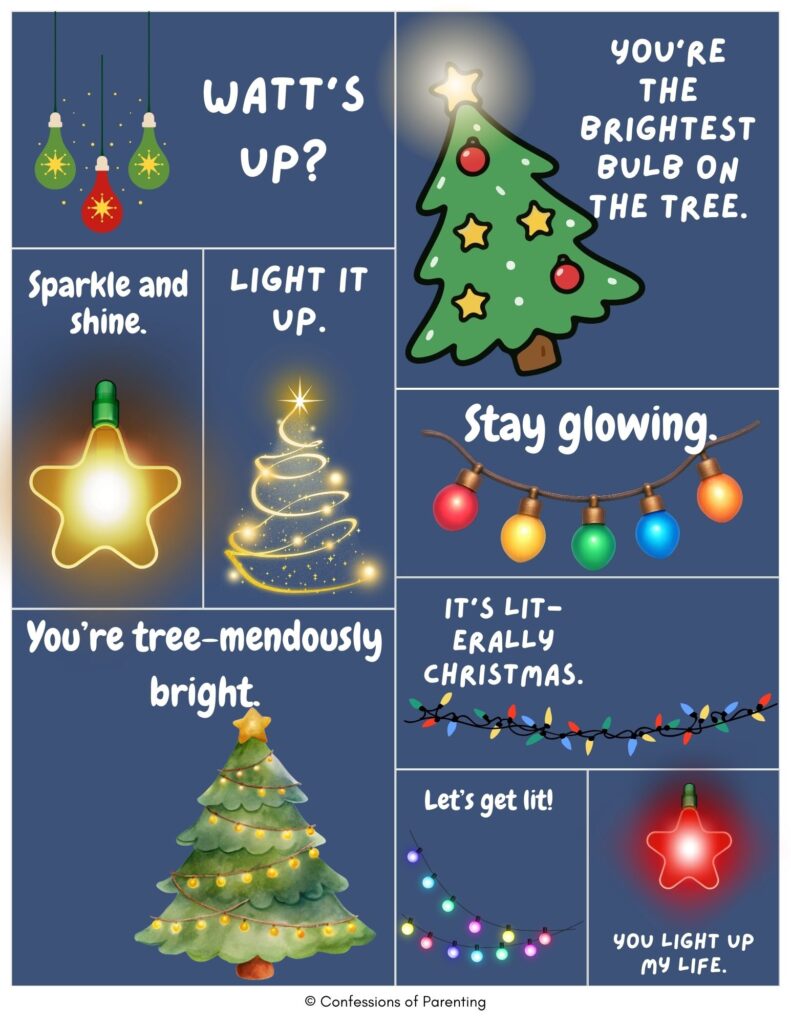 Top 10 Christmas light puns printable on a blue background with cute bulbs and tree illustrations, featuring festive phrases like “Watt’s up?” and “You light up my life.”