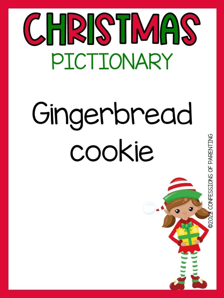 christmas pictionary title in red and green with pictionary word and little elf girl on white background with red border