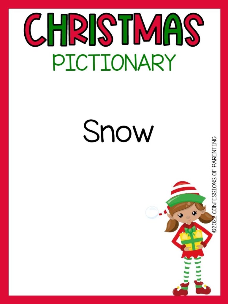 christmas pictionary title in red and green with pictionary word and little elf girl on white background with red border