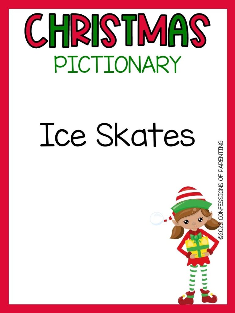 christmas pictionary title in red and green with pictionary word and little elf girl on white background with red border