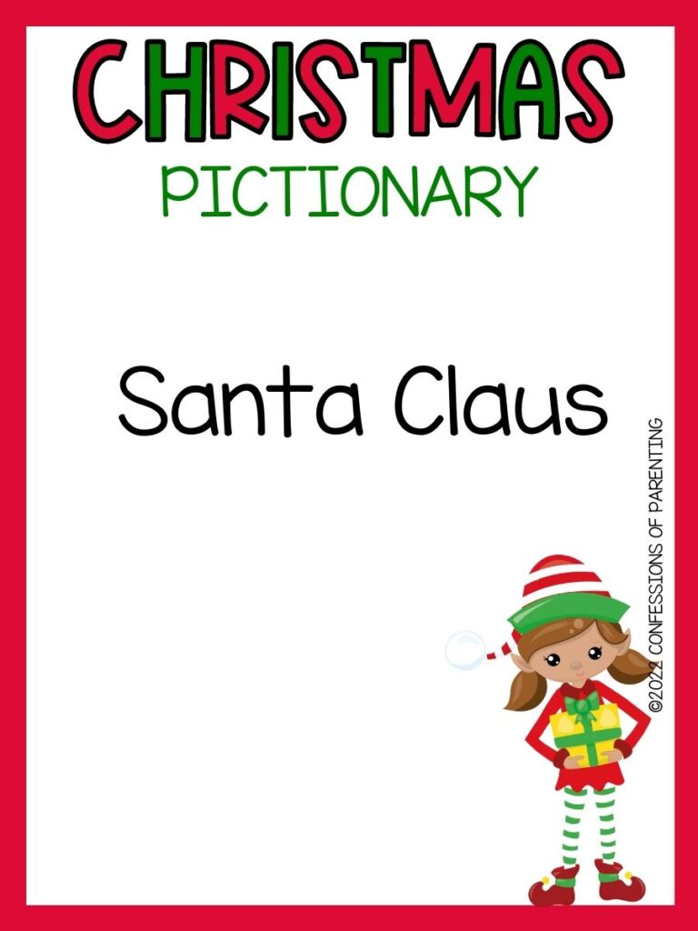 christmas pictionary title in red and green with pictionary word and little elf girl on white background with red border