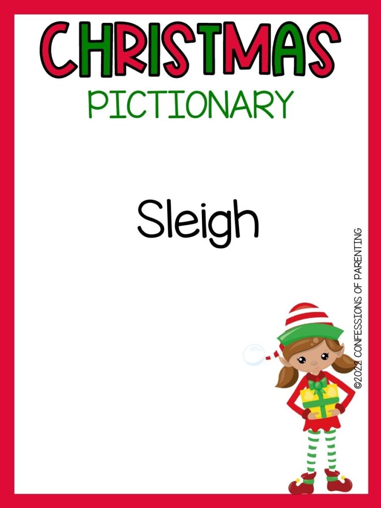 christmas pictionary title in red and green with pictionary word and little elf girl on white background with red border