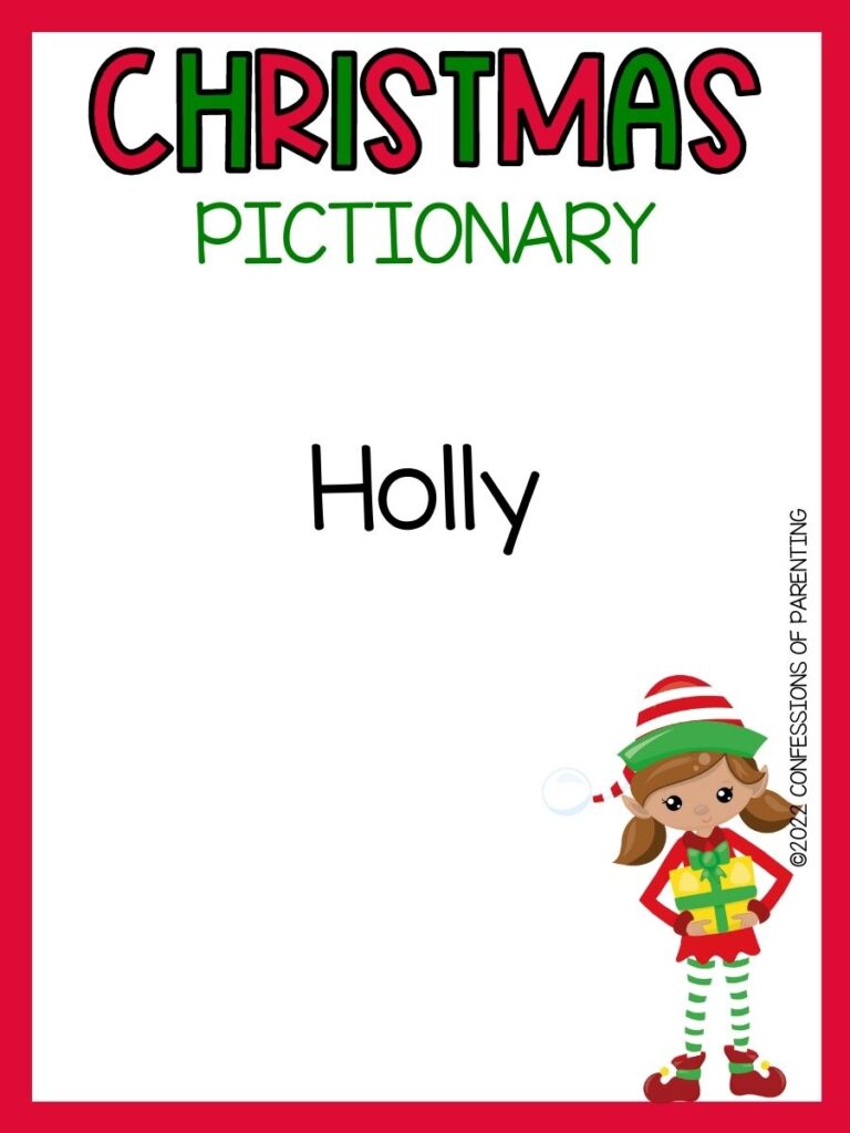 christmas pictionary title in red and green with pictionary word and little elf girl on white background with red border