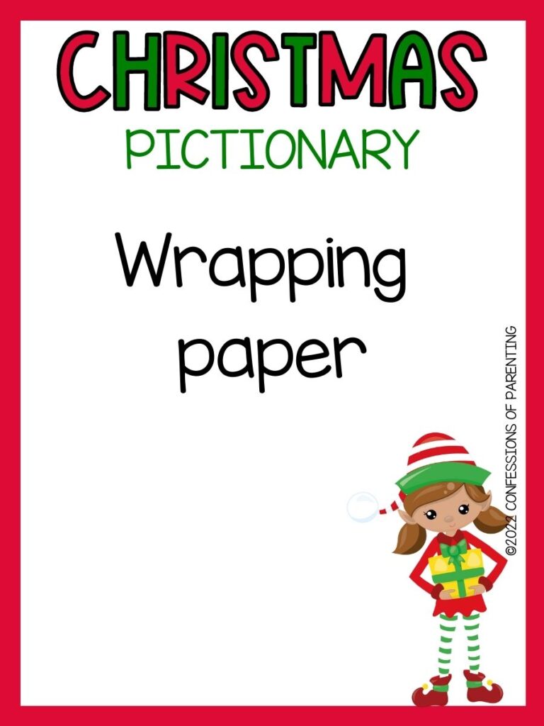 christmas pictionary title in red and green with pictionary word and little elf girl on white background with red border