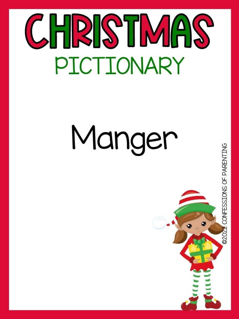 christmas pictionary title in red and green with pictionary word and little elf girl on white background with red border