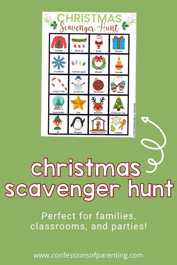 Example of the printable Christmas scavenger Hunt perfect for the holidays on a green background. 