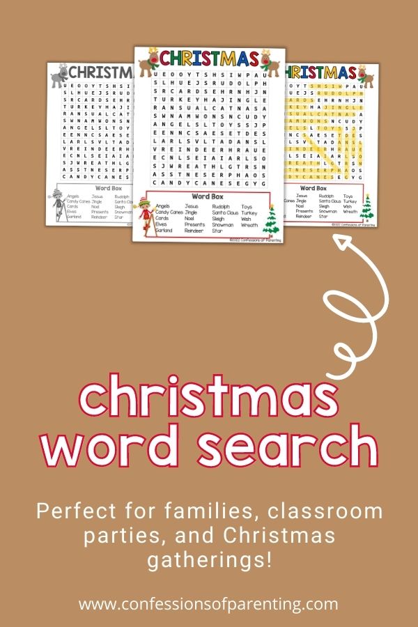 Printable Christmas word search that comes in color or black & white and an answer key on brown background perfect for families, classrooms, and parties. 