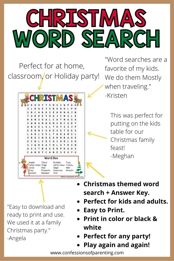 Testimonial for the Christmas word search fantastic for the holidays with a brown border. 
