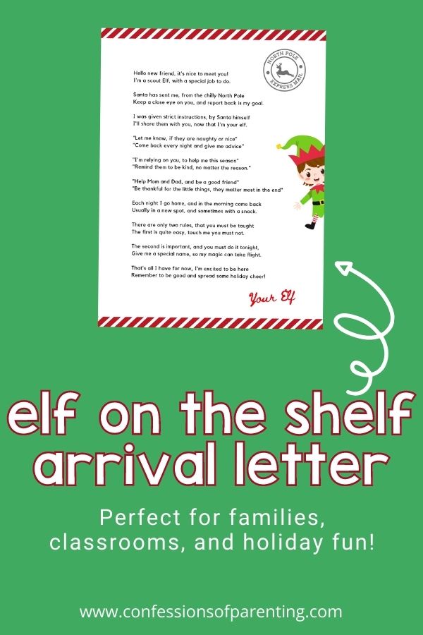 Elf on the shelf arrival letter printable on a green background with an elf in a green outfit at the side of the letter. 
