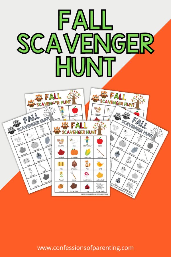 fall scavenger hunt PDFs in color in black and white in mockup template with white and orange background with green writing that says "Fall scavenger hunt"