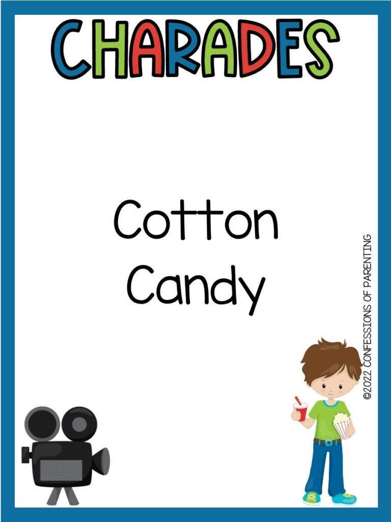 Charades title in multiple colors with charades idea and old film camera and image of a little boy on white background with blue border