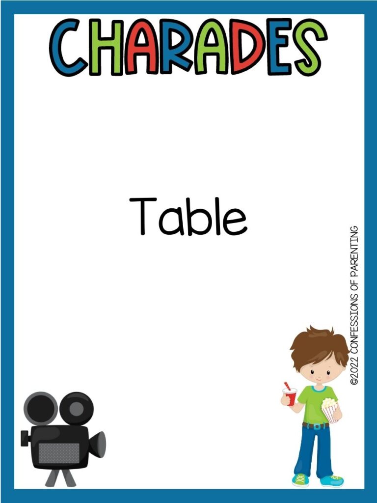 Charades title in multiple colors with charades idea and old film camera and image of a little boy on white background with blue border