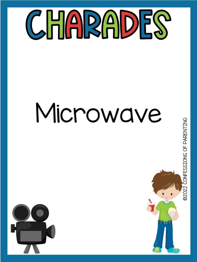 Charades title in multiple colors with charades idea and old film camera and image of a little boy on white background with blue border