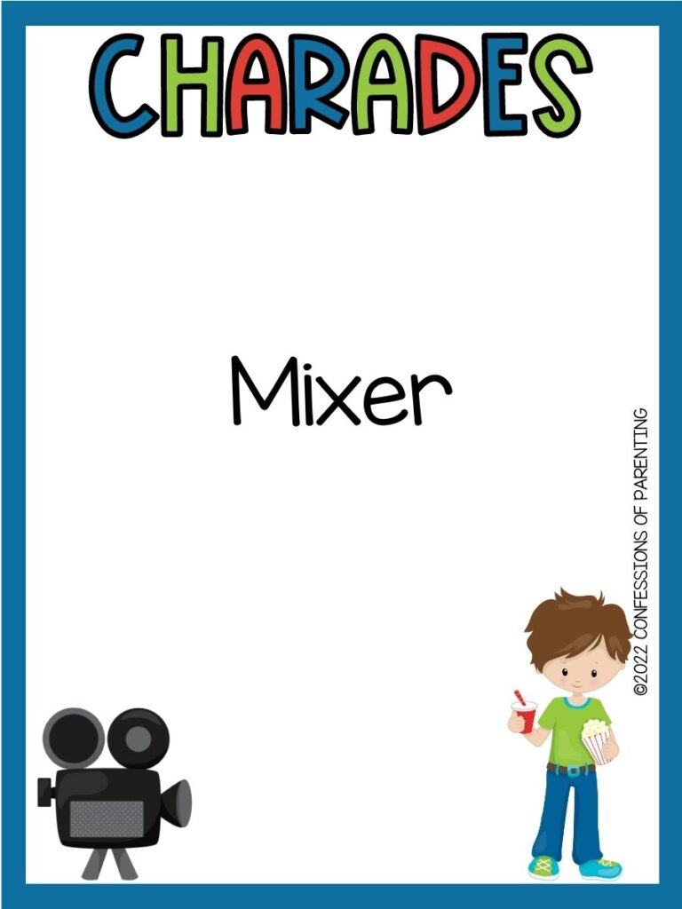 Charades title in multiple colors with charades idea and old film camera and image of a little boy on white background with blue border