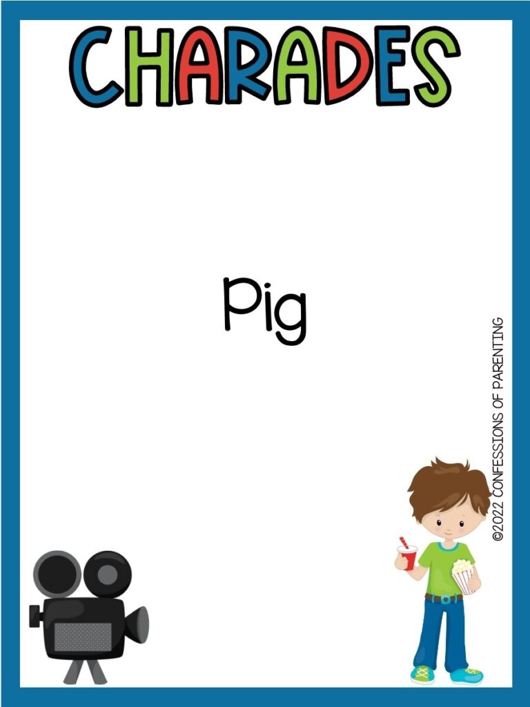Charades title in multiple colors with charades idea and old film camera and image of a little boy on white background with blue border