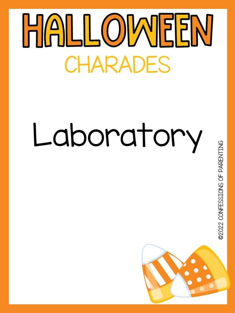 halloween charades title in orange and yellow with charades idea and 2 candy corns on white background with orange border 