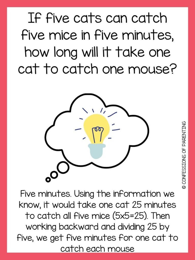 logic riddle with yellow bulb in cloud on white background with pink border