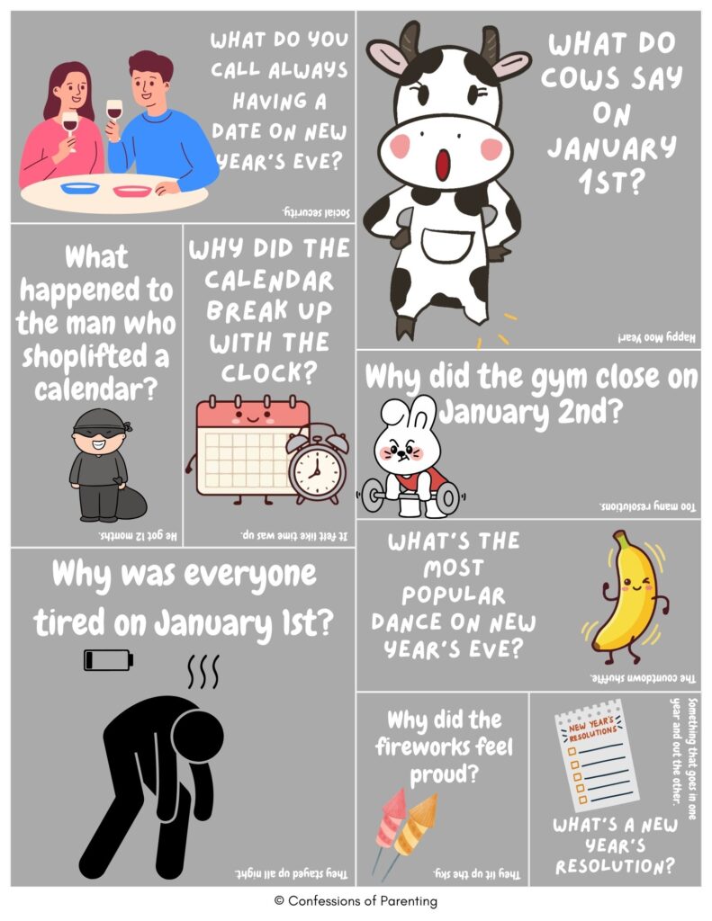 Top 10 New Year’s jokes printable on a gray background with cute cartoon illustrations, featuring kid-friendly jokes about calendars, cows, gyms, fireworks, and New Year’s resolutions.