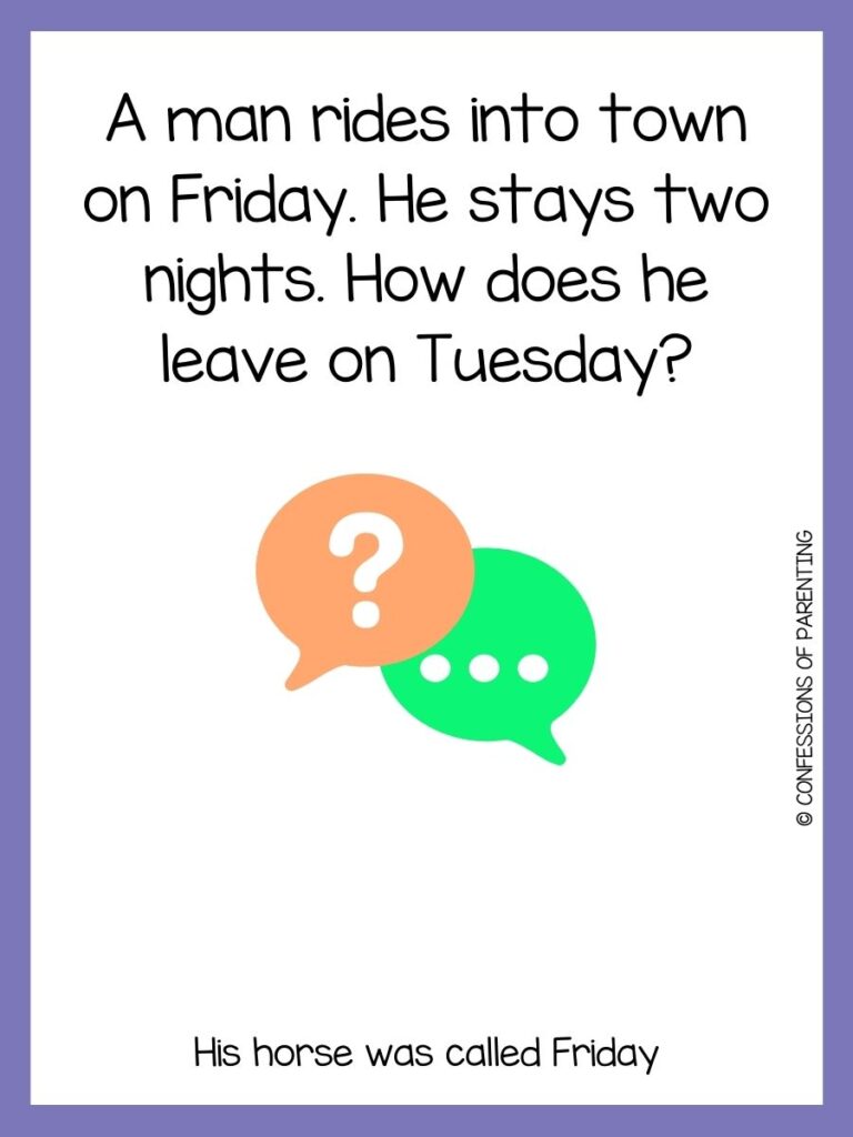 riddle me this riddles with 2 conversation bubbles one with a question mark and one with 3 dots on white background with purple border