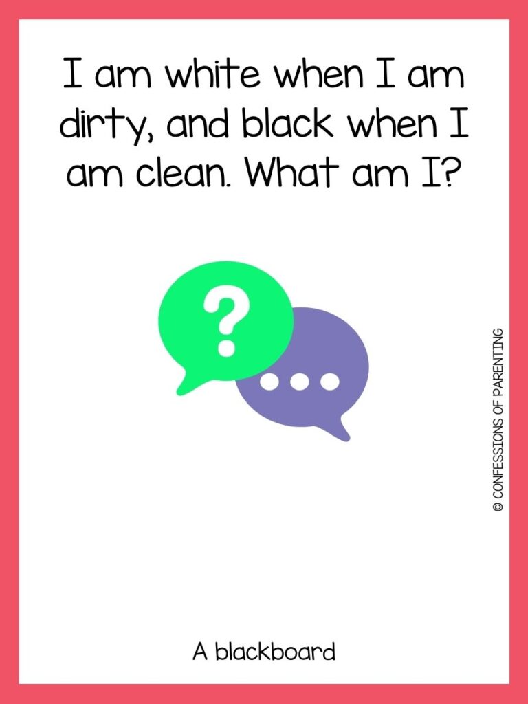 riddle with 2 conversation bubbles, 1 with question mark and the other with 3 dots on white background with pink border 