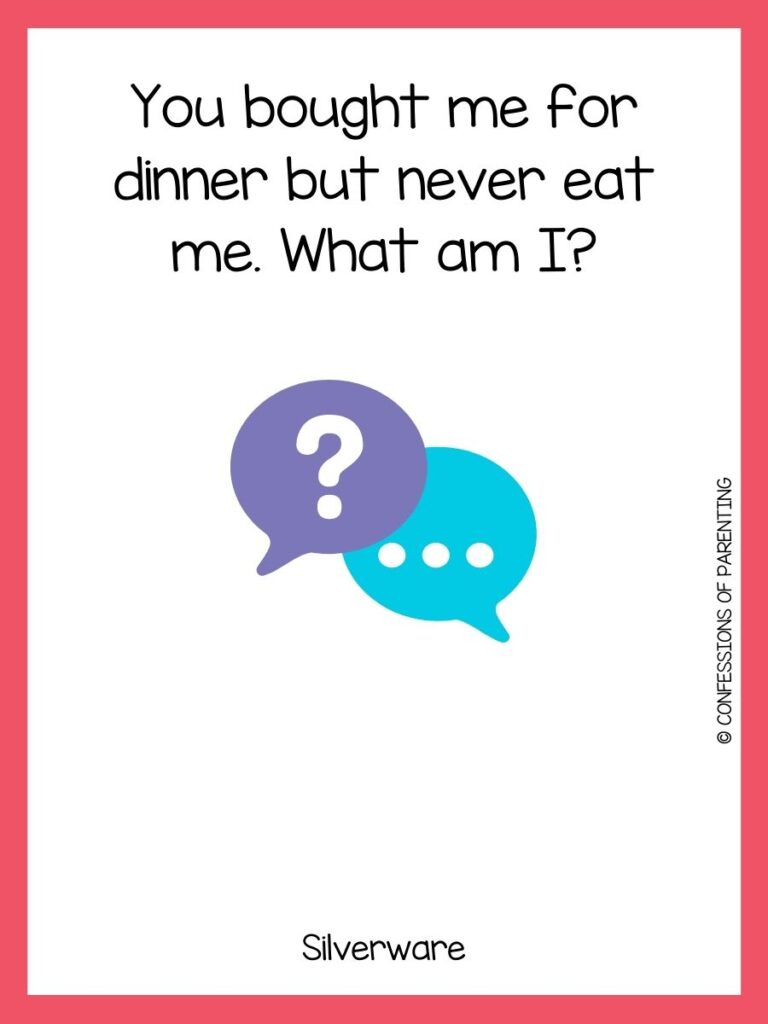 riddle with 2 conversation bubbles, 1 with question mark and the other with 3 dots on white background with pink border 