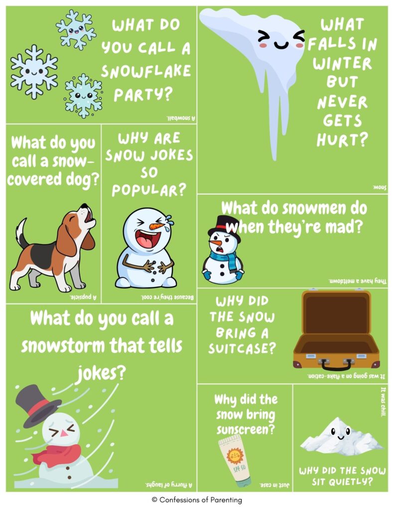 Top 10 snow jokes printable on a green background with cute snowflakes and snowman illustrations, featuring kid-friendly winter Q&A jokes about snowstorms and sunshine.