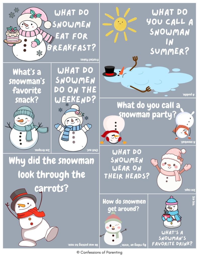 Top 10 snowman jokes printable on a gray background with cute snowman illustrations, featuring kid-friendly winter Q&A jokes about summer, parties, carrots, and ice tea.