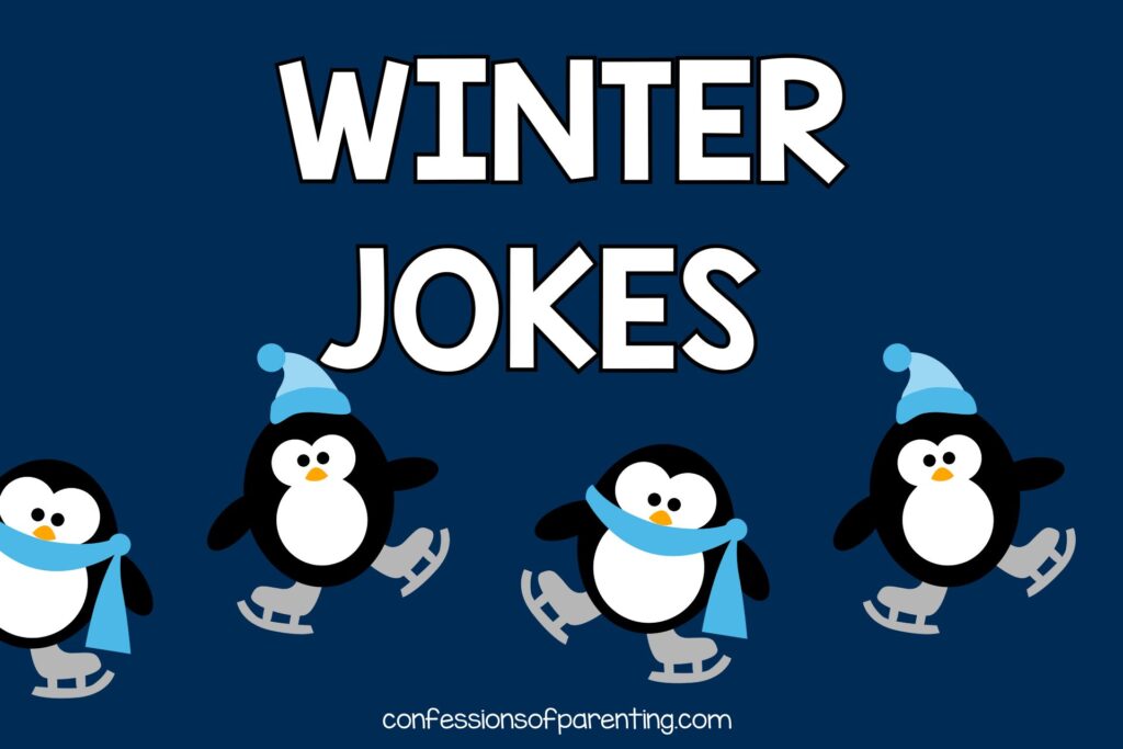 blue background with white letters saying winter jokes. 2 penguins with blue scarf and ice skates and 2 penguins with blue hat and ice skates