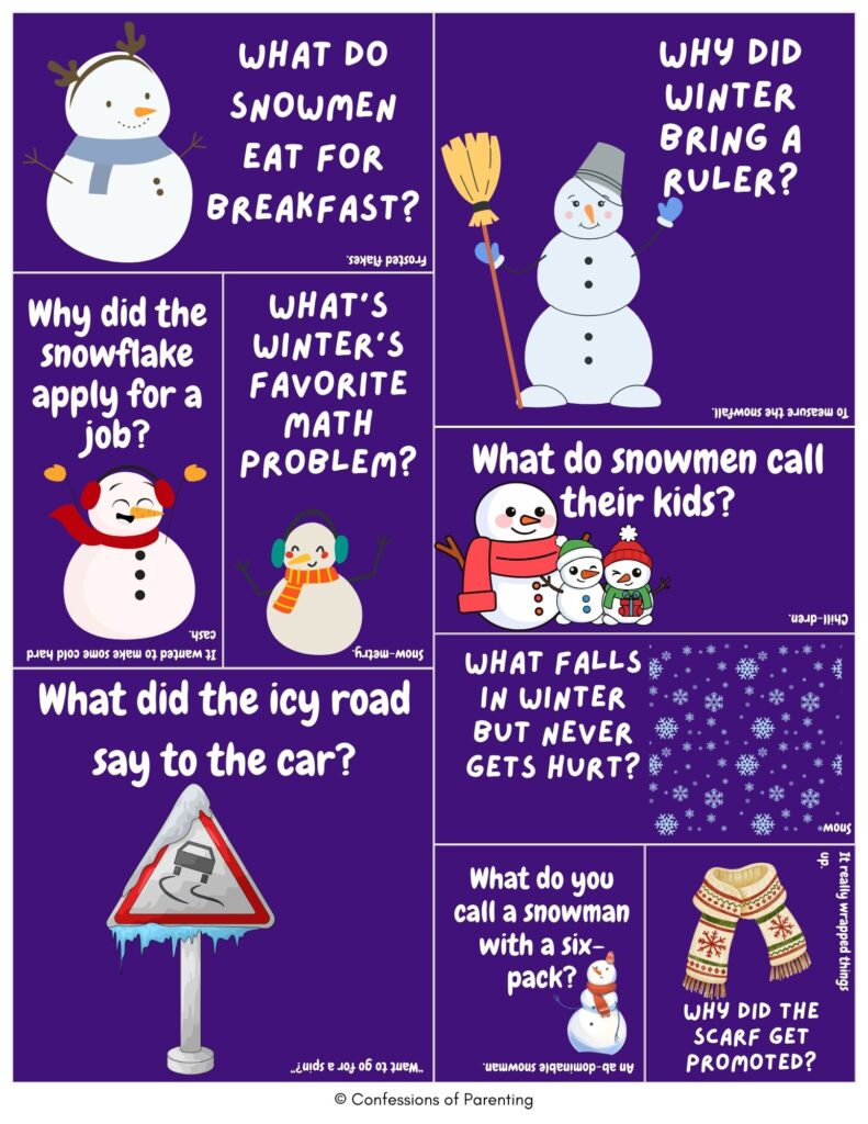 Top 10 winter jokes printable on a purple background with cute snowman illustrations and kid-friendly Q&A jokes about snow, scarves, and snowflakes.