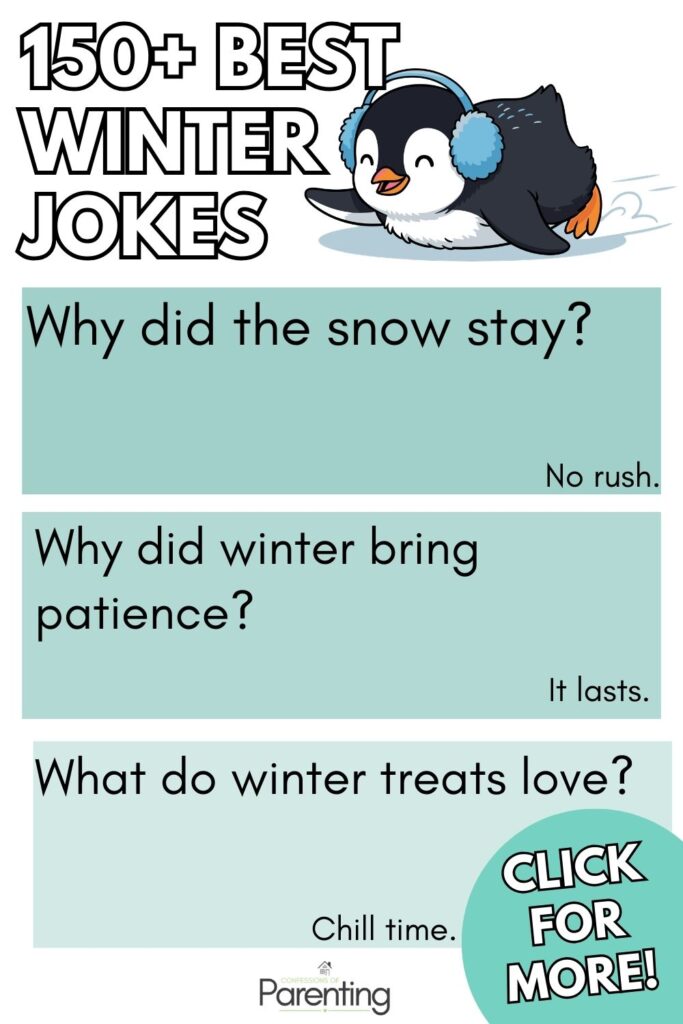 150+ Best Winter Jokes graphic with cute penguin illustration and sample kid-friendly winter jokes, plus “Click for More” callout.