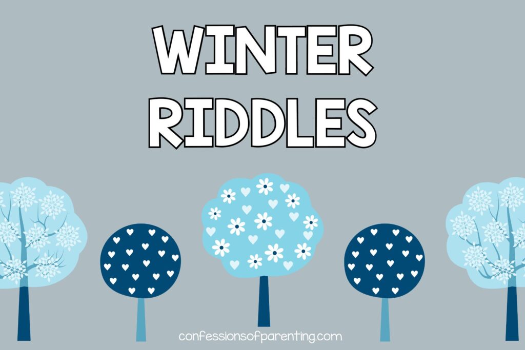 Grey background with blue decorative tree with white flowers and hearts. White letters saying winter riddles.