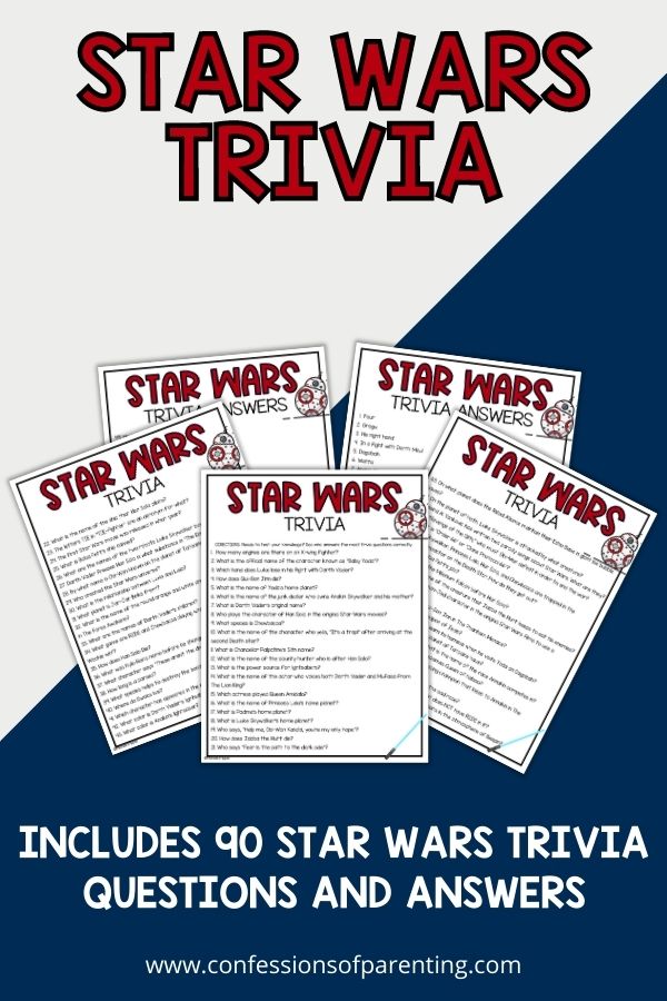 White and red words on white and blue background with pictures of trivia sheets