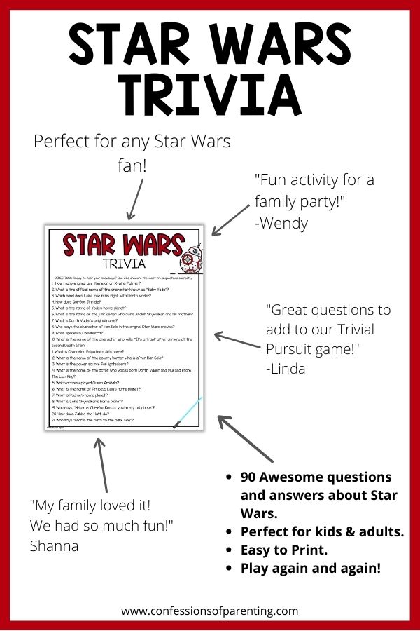 Testimonials about star wars trivia on white background with red border and picture of trivia sheet