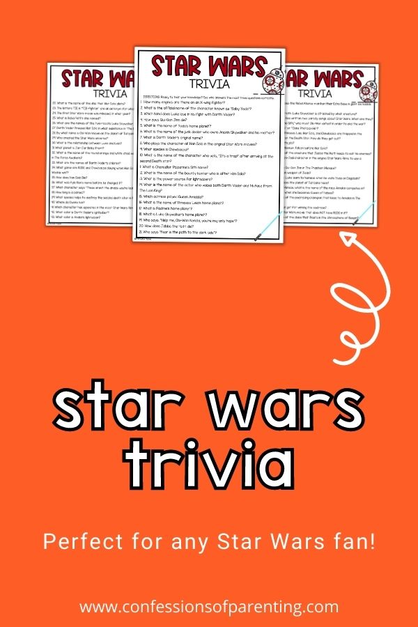 white words on orange background with pictures of Star Wars trivia printables