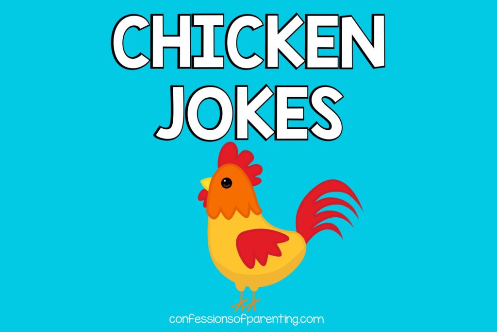 White letters on a blue background with a picture of a yellow, orange and red rooster