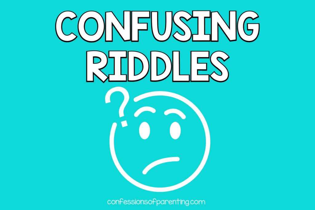 white emoji face with a confused look and with a question mark on blue background with white text "confusing riddles"