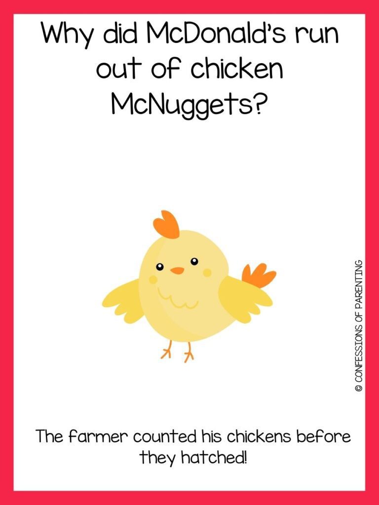 Farmer joke on white background with red border and yellow chick