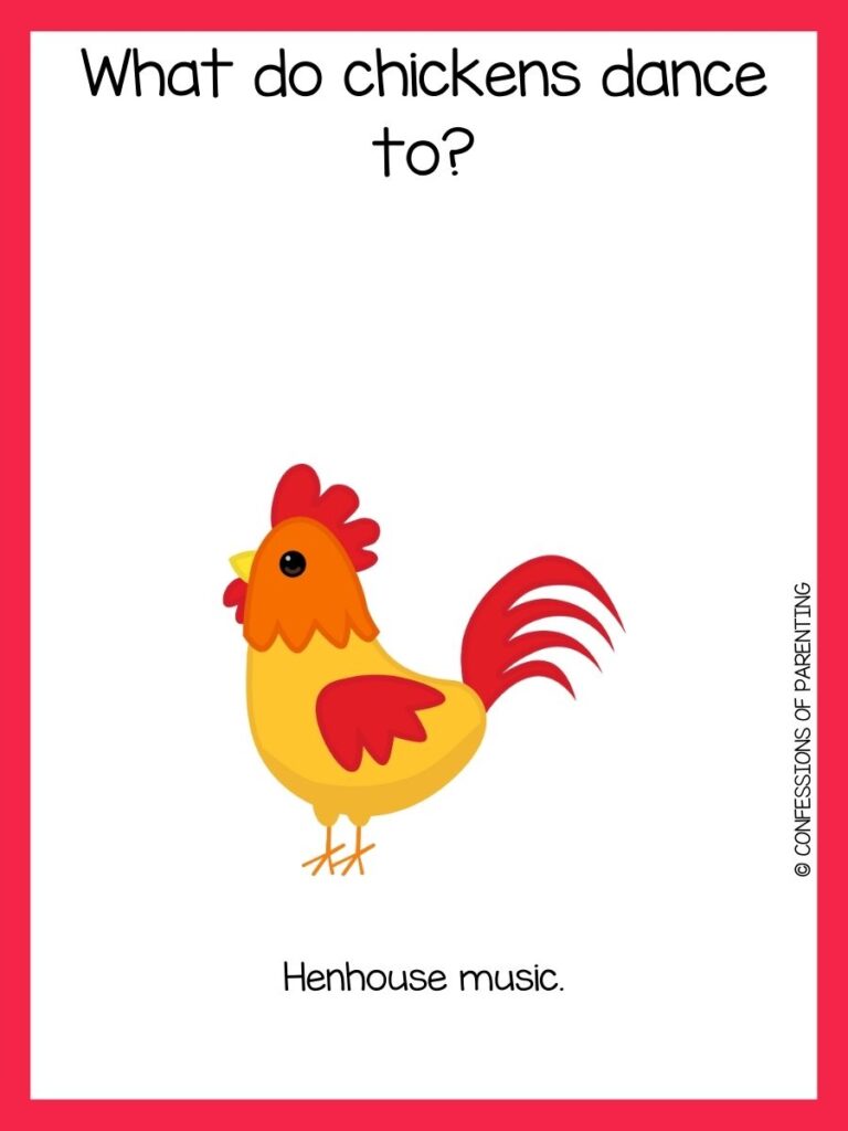Black text on a white background with red border and yellow, orange, and red rooster