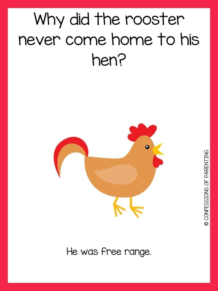 Black text on a white background with red border and brown and red rooster