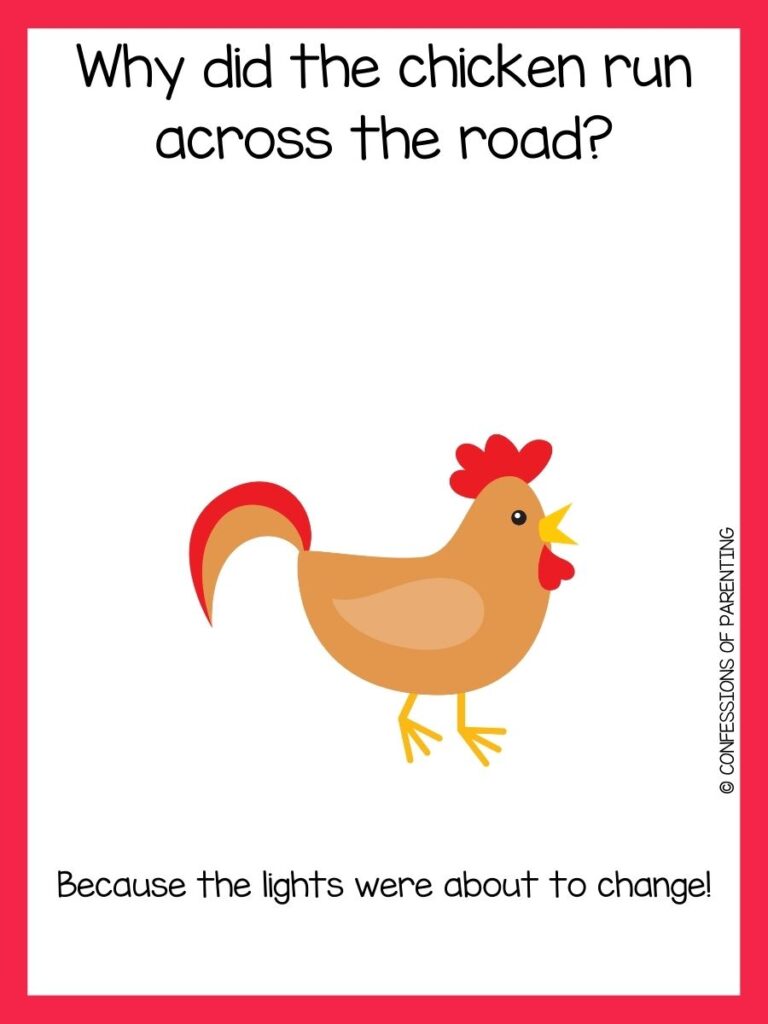 Black text on a white background with red border and brown and red chicken with long tail feathers