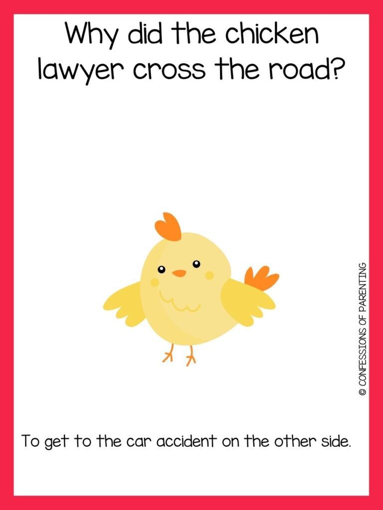 Black text on a white background with red border and yellow chick