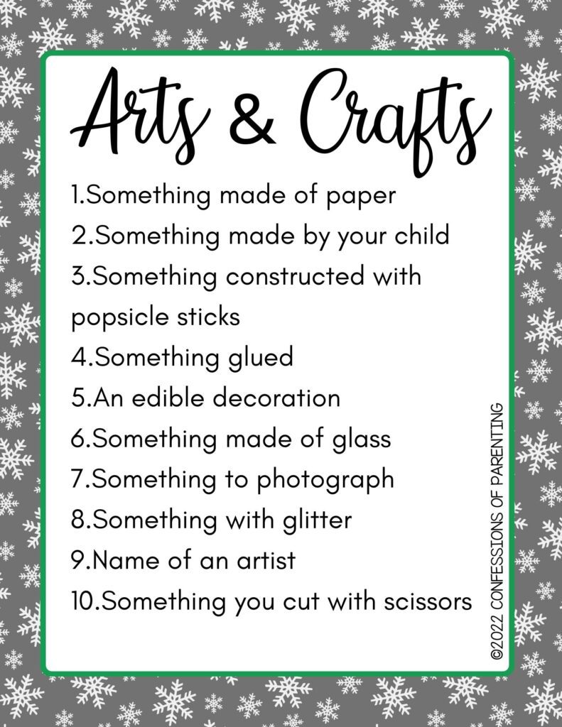 Arts & crafts category with a list of 10 things on a gray background with snowflakes. 