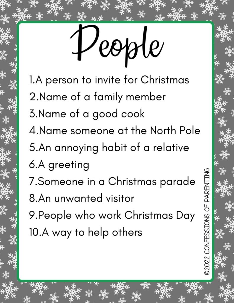 People category with a list of 10 things on a gray background with snowflakes. 