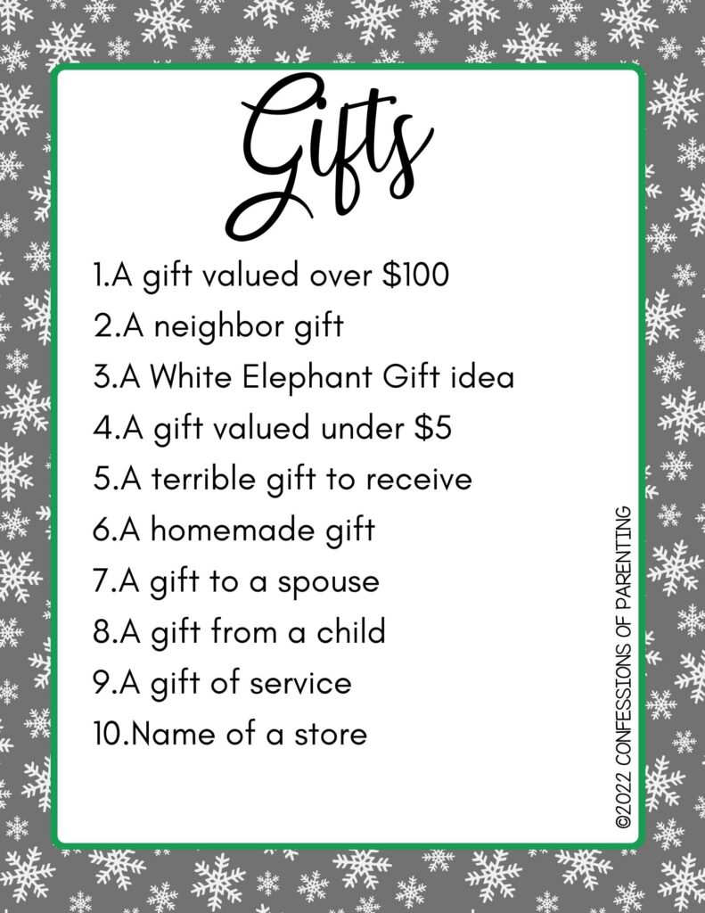 Gifts category with a list of 10 things on a gray background with snowflakes. 